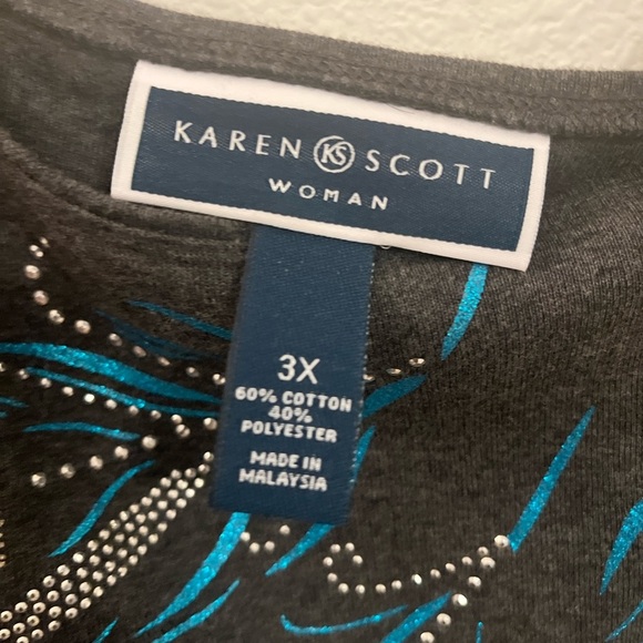 Karen Scott Plus Size 3X Gray Top Peacock Feather Graphic Embellished Bling top - Picture 15 of 15